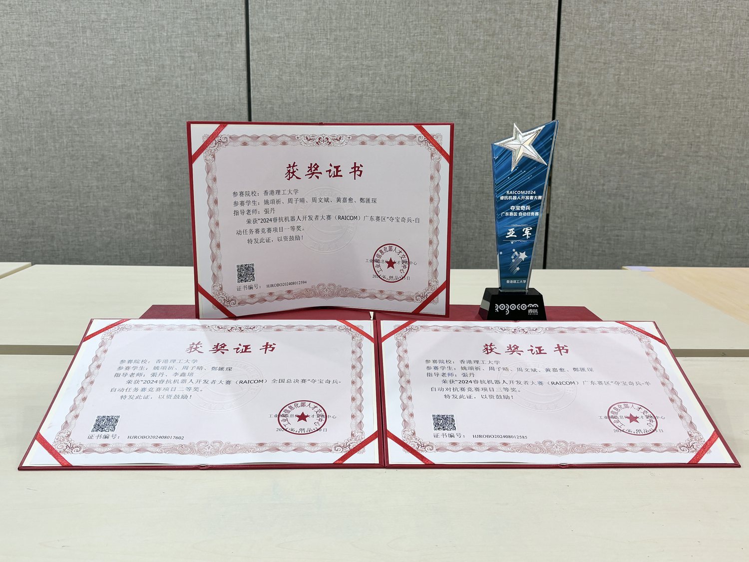 Competition certificates and trophy displayed on a table